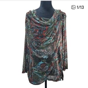 Vintage Slinky 1x Brown And Teal Paisley Print Cowl Neck Top Artsy Lagenlook